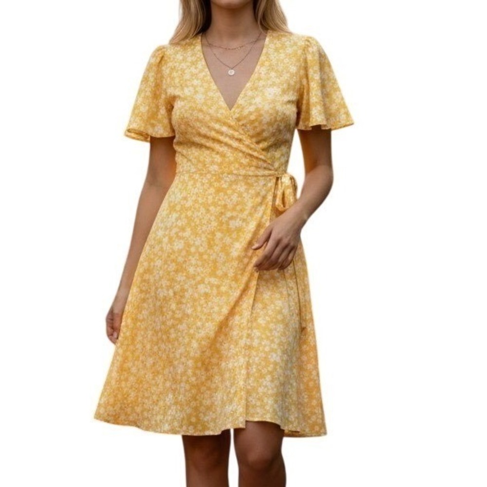 Lauren Conrad Wrap Dress Women XXL Butter Yellow Floral Flutter Sleeve Mini Sun